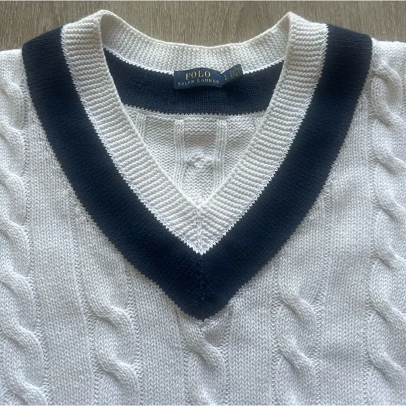 Polo Ralph Lauren 100% Cotton Cable Knit Tennis Sweater White Navy Trim Preppy - Picture 3 of 5